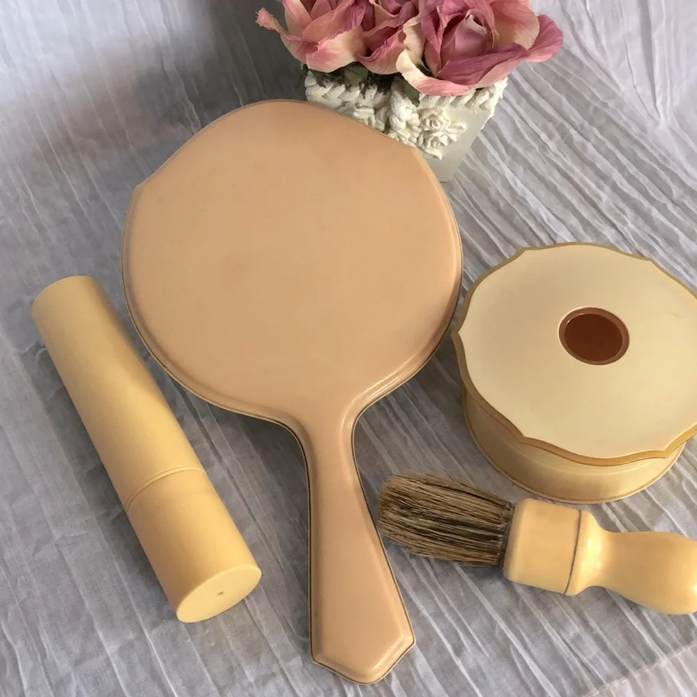 Vtg Century WOMEN MEN BEAUTY VANITY SET hand mirror hair receiver shaving brush